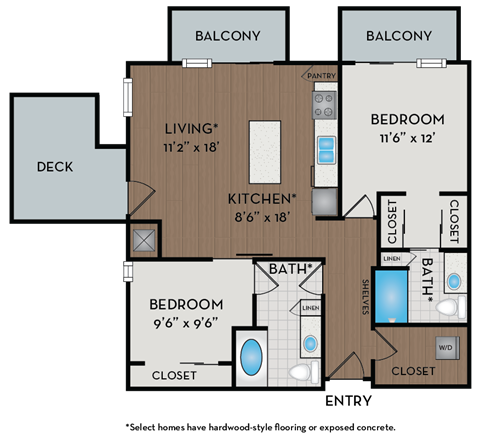 Floor plan for 2 beds, 2 baths, 968 sqft